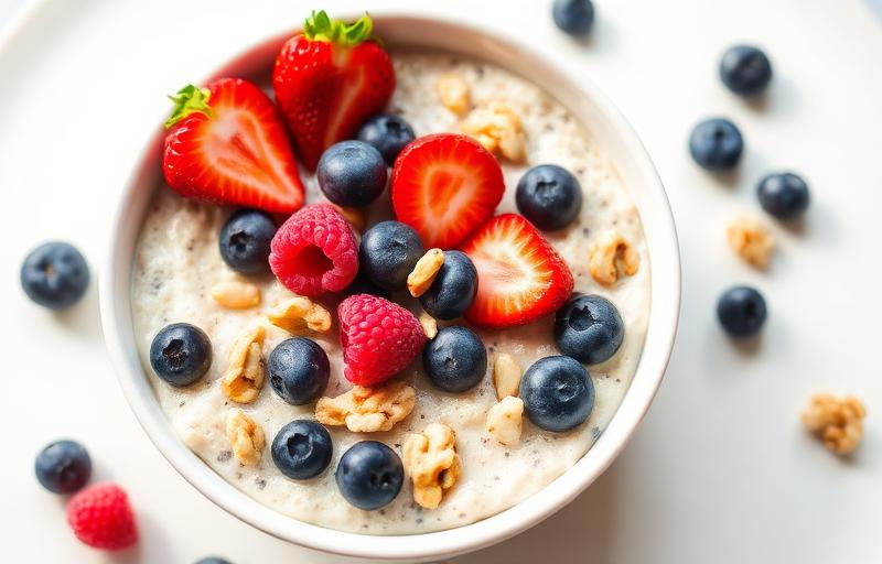 Mi desayuno: avena con frutos rojos, cacao, canela y kiwi con piel