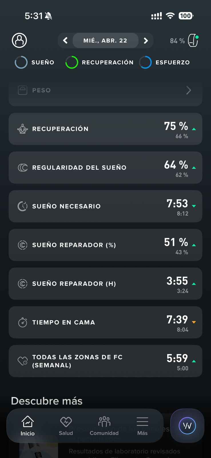 Métricas de sueño — recuperación 75%, regularidad 64%, sueño reparador 51%