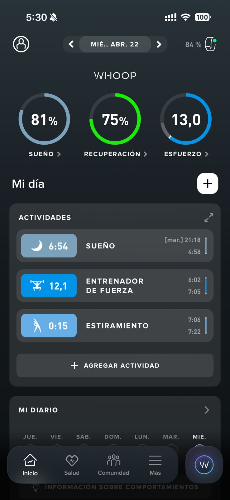 WHOOP Mi día — sueño 81%, recuperación 75%, esfuerzo 13,0