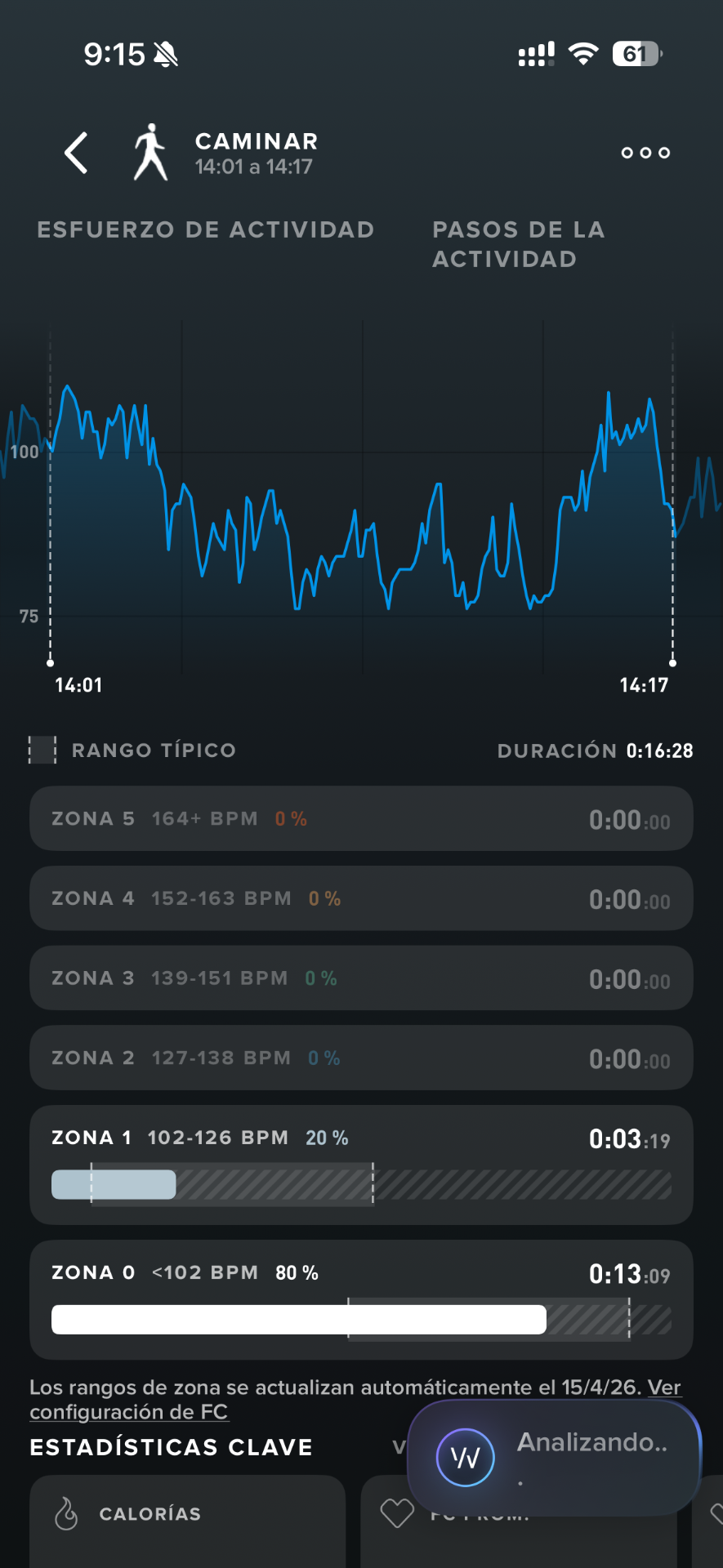 Caminar — 16 minutos y zonas de frecuencia cardíaca