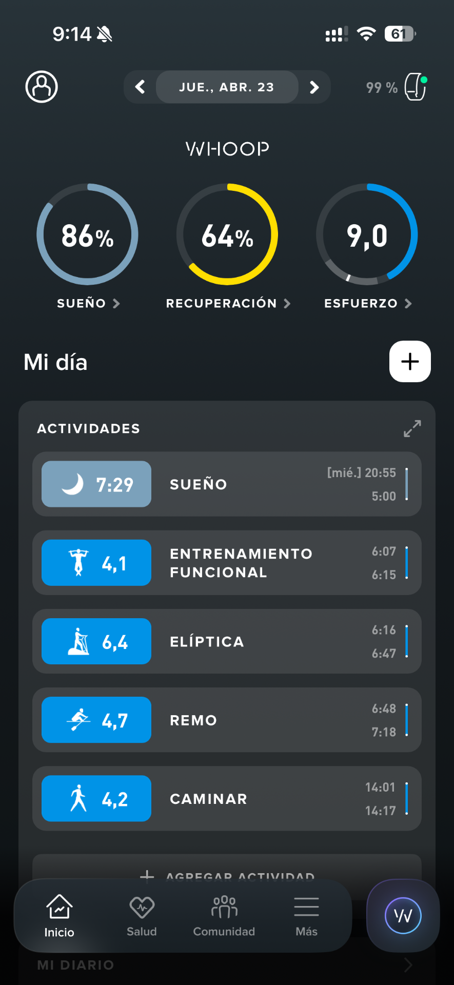 WHOOP Mi día — actividades del día 1 FMD