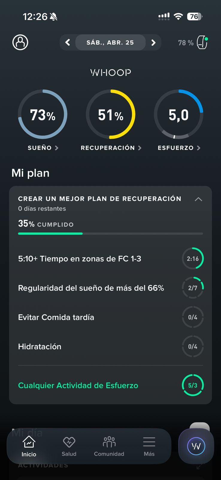 Resumen WHOOP del sábado 25 con sueño 73%, recuperación 51% y esfuerzo 5,0