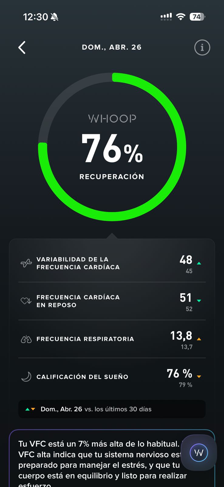 Pantalla WHOOP de recuperación al 76% con VFC 48 y frecuencia cardiaca en reposo 51