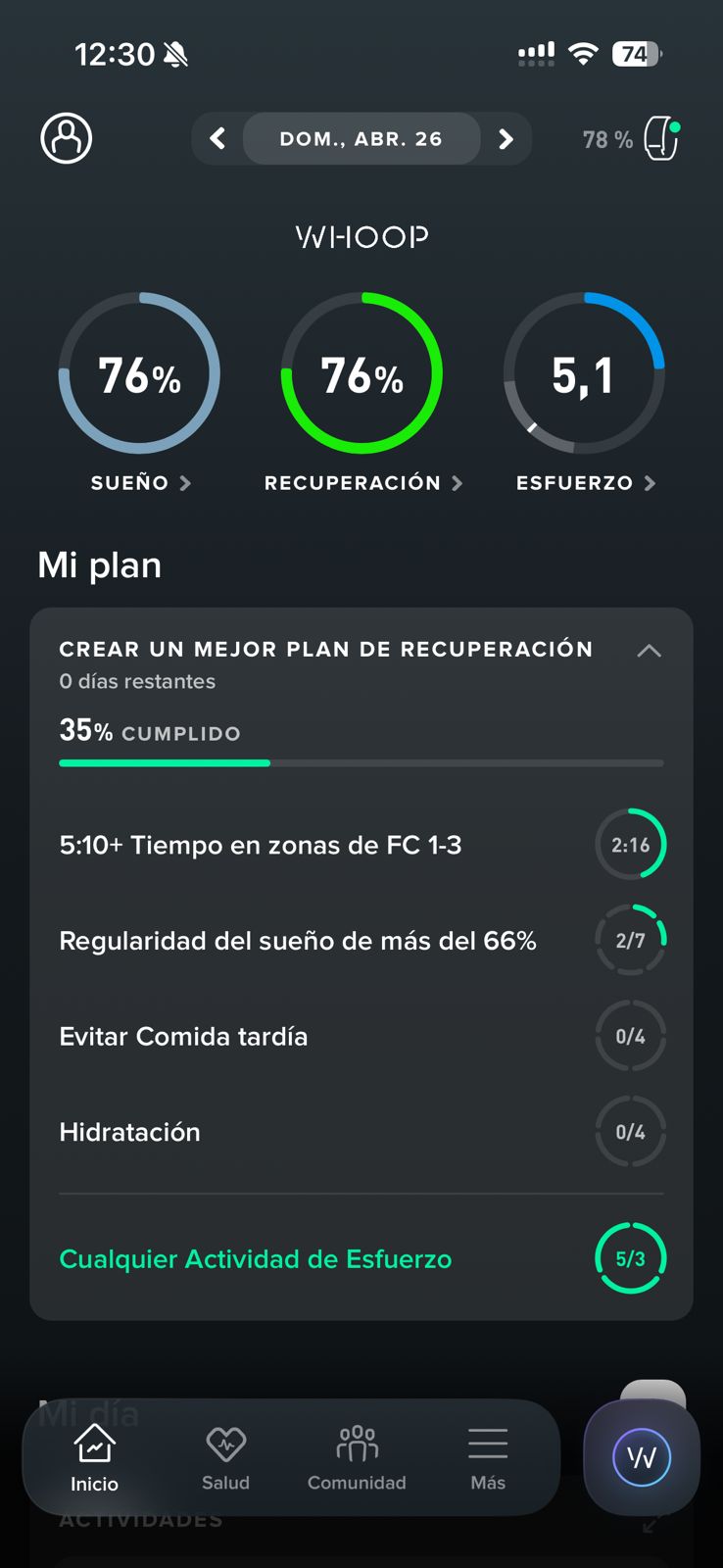 Resumen WHOOP del domingo 26 con sueño 76%, recuperación 76% y esfuerzo 5,1