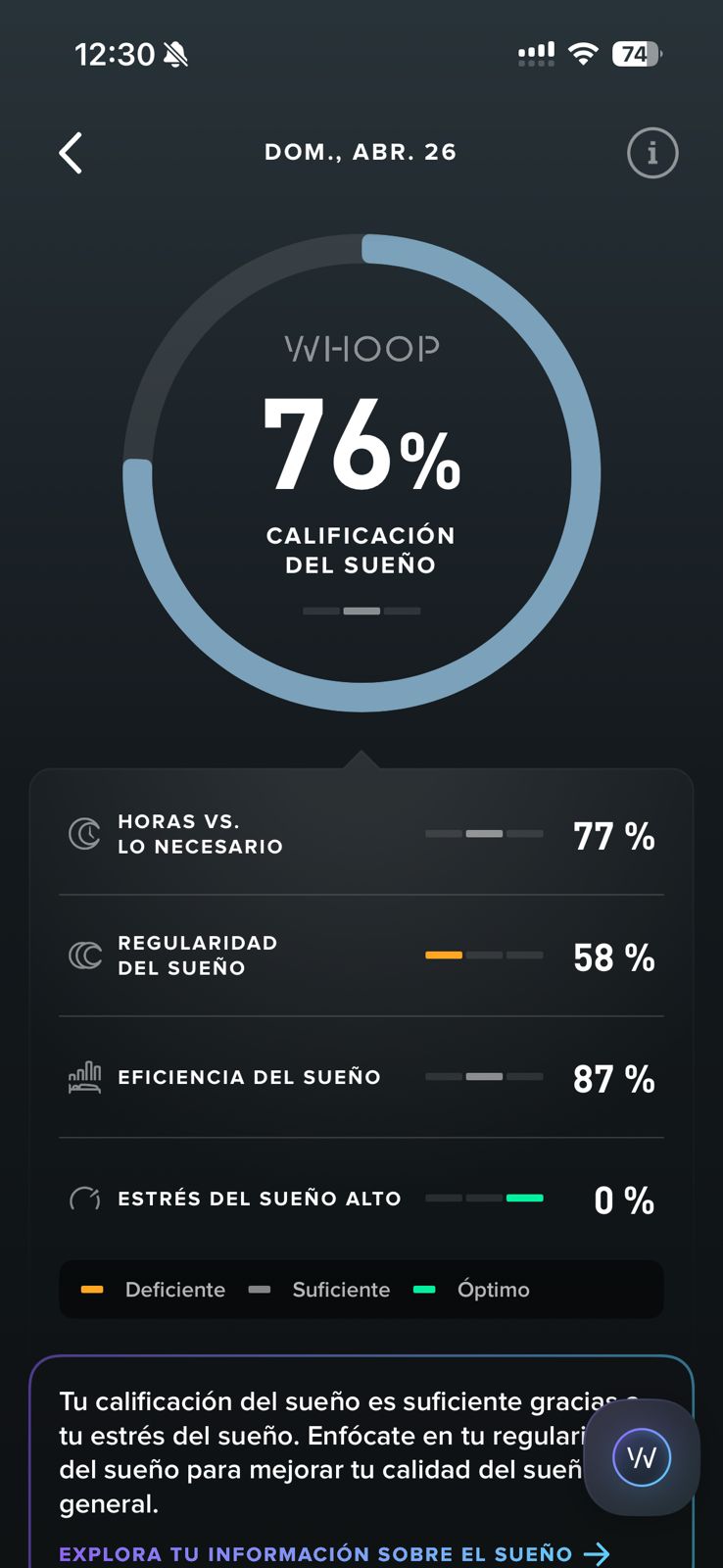 Pantalla WHOOP de calificación del sueño al 76%