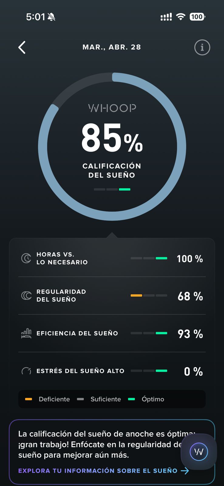 Pantalla WHOOP de calificación del sueño al 85%