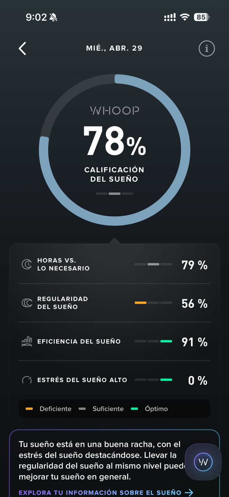 Calificación del sueño WHOOP al 78%