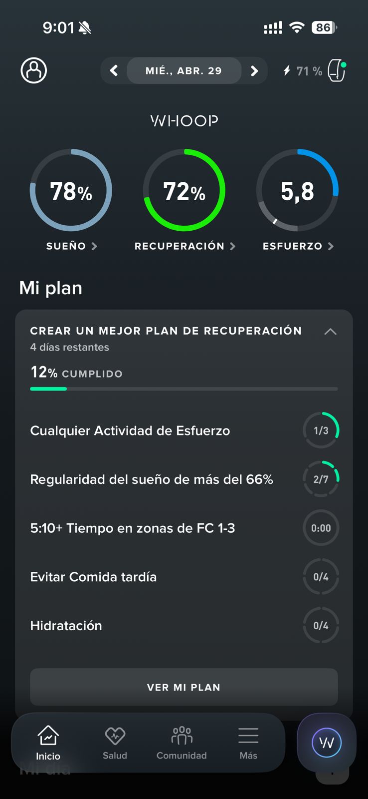 Plan de recuperación WHOOP con hidratación y comida tardía