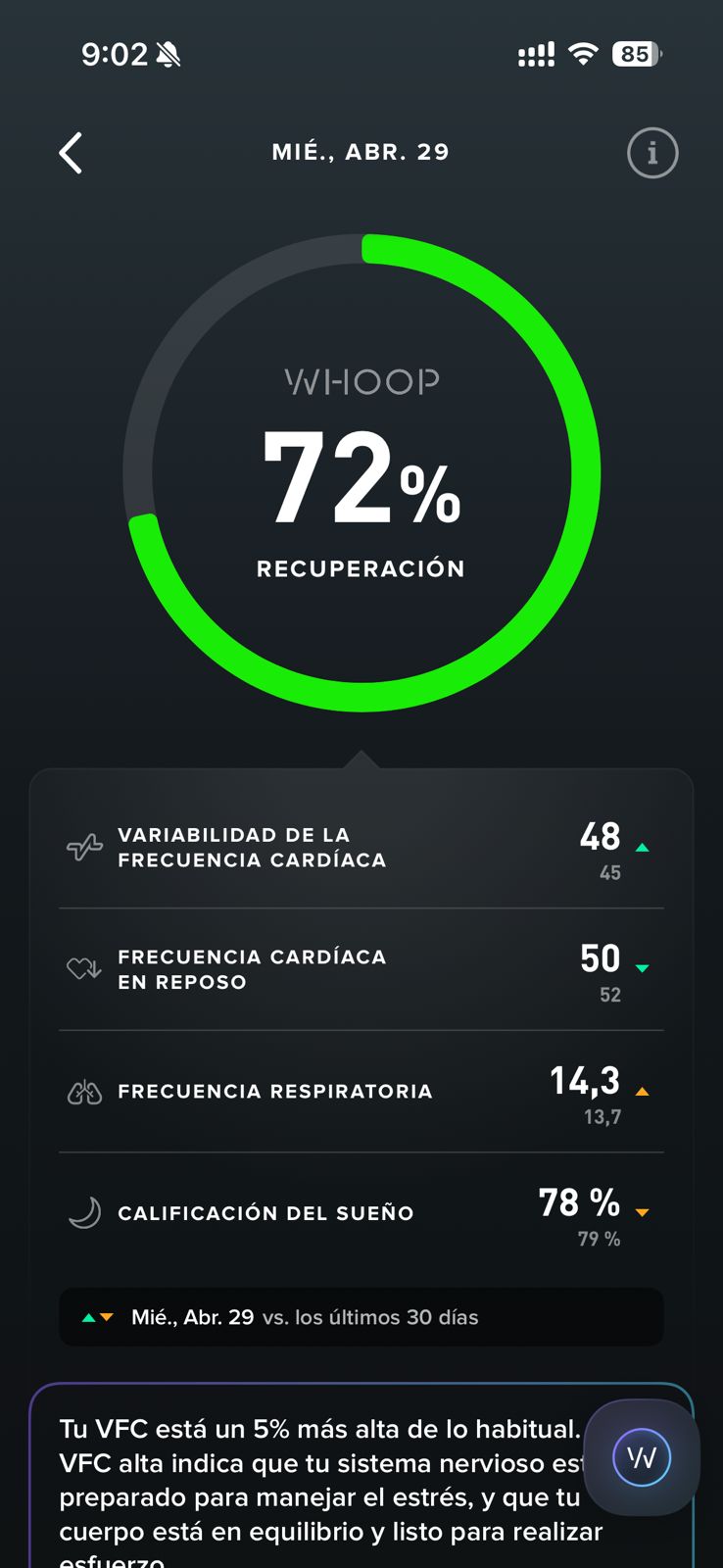 WHOOP recuperación 72% en el día 1 después del FMD