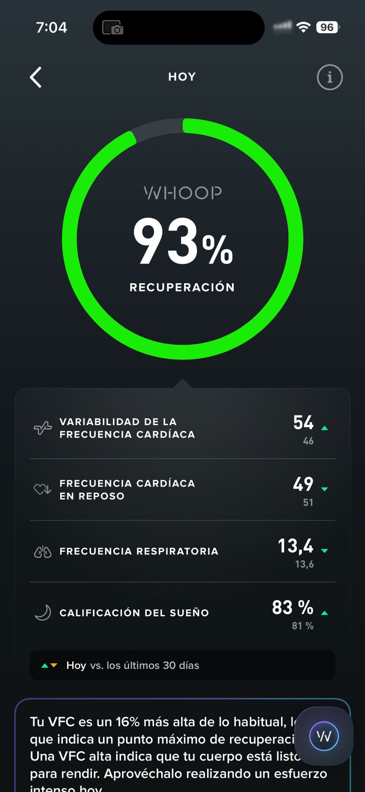 Captura WHOOP mostrando anillo de recuperación al 93%, HRV 54 ms, FC en reposo 49 lpm