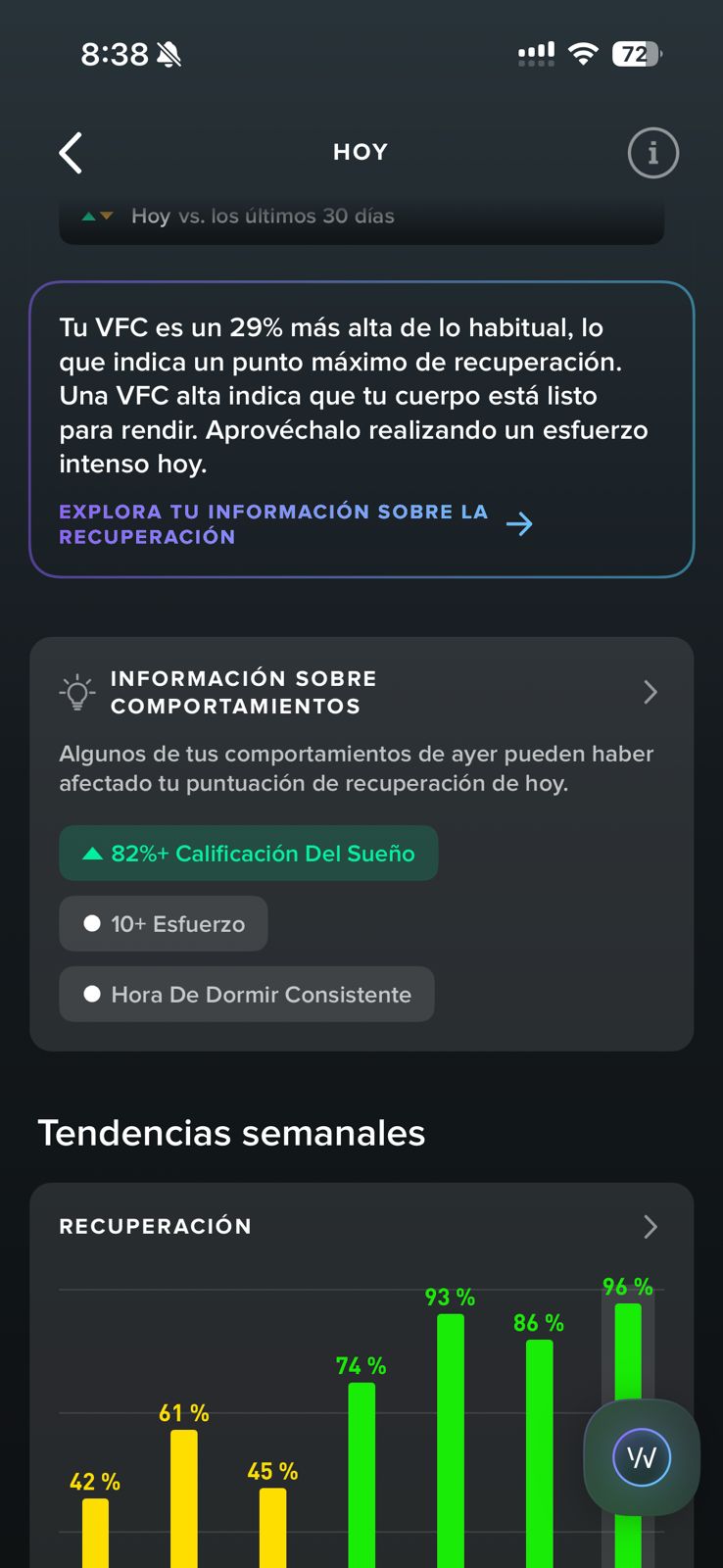 Mensaje WHOOP de VFC elevada y comportamientos que afectaron la recuperación