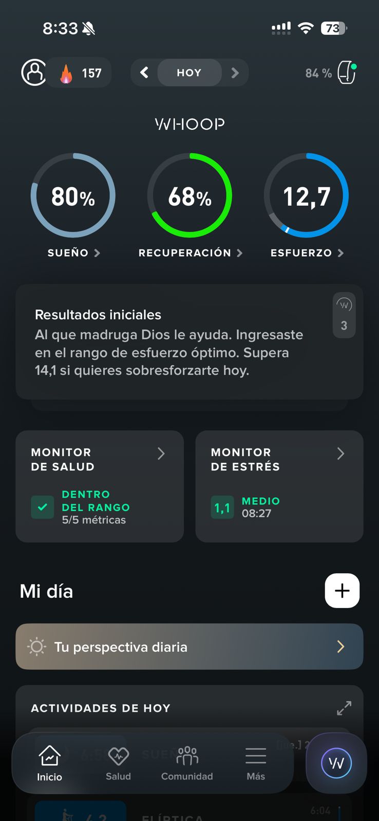 Resumen WHOOP del 29 de mayo con sueño 80%, recuperación 68% y esfuerzo 12,7