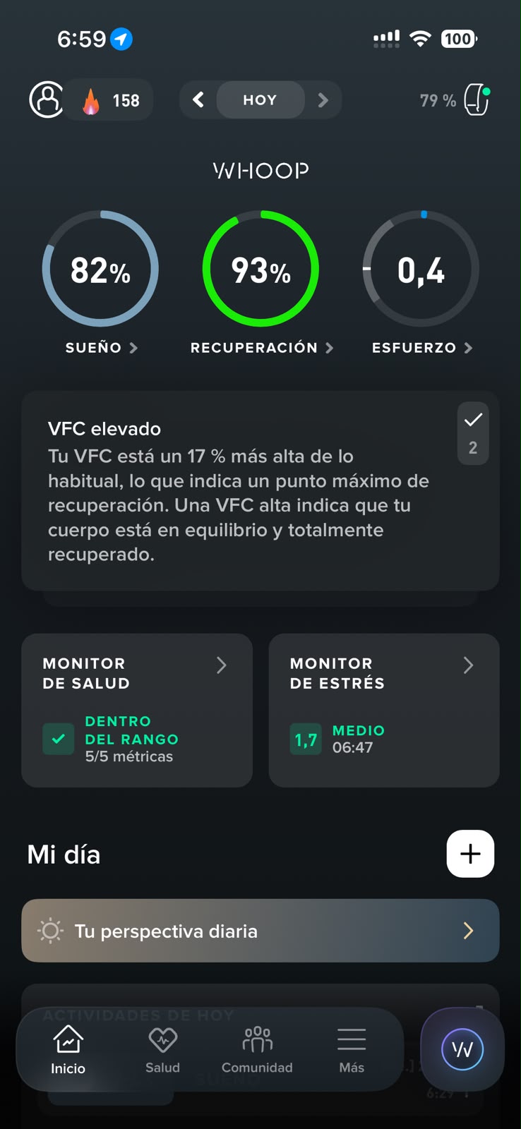 Resumen WHOOP del 30 de mayo: sueño 82%, recuperación 93% y esfuerzo 0,4
